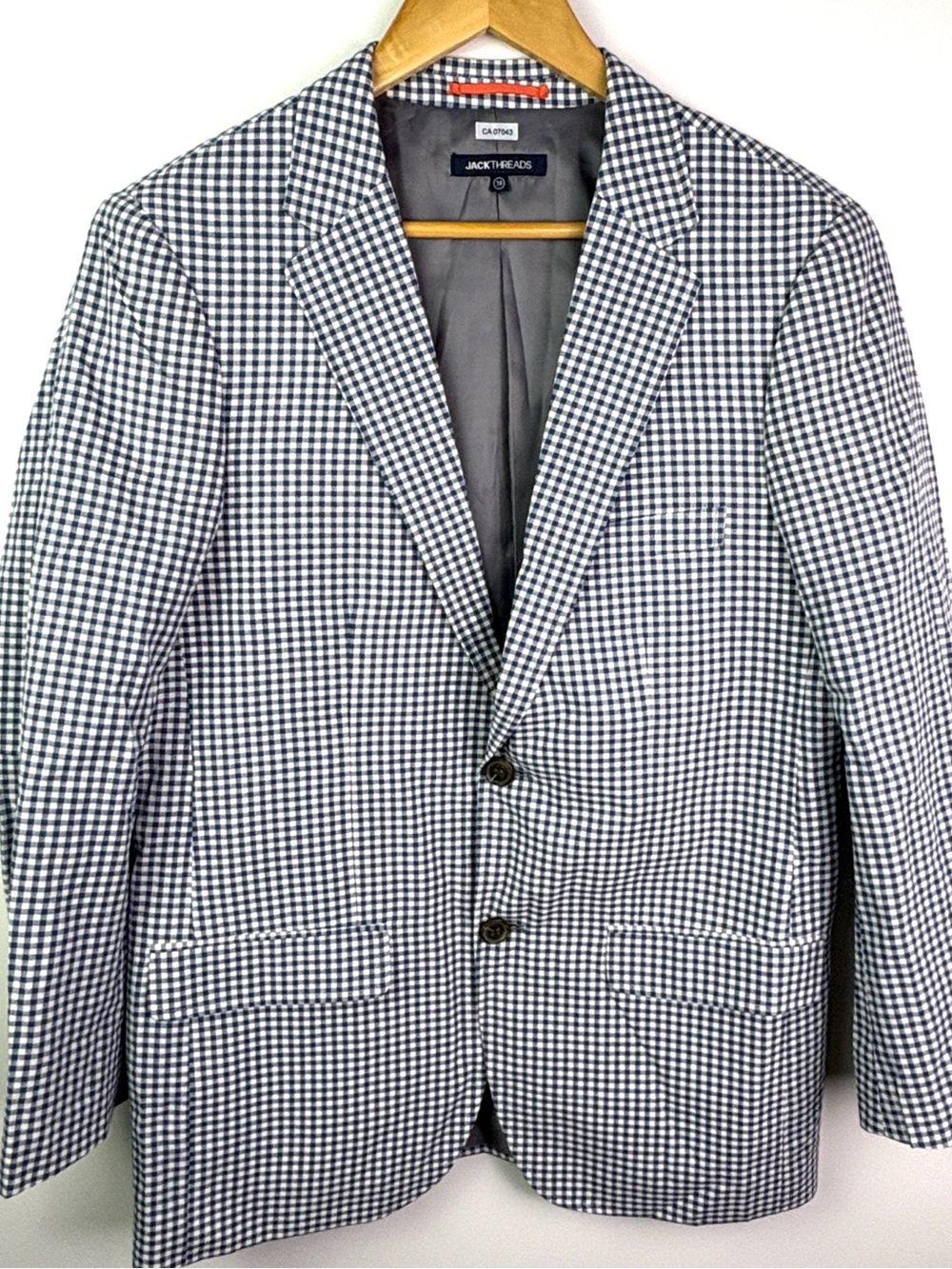 Jackthreads Men's Navy & White Gingham Blazer 100% cotton shell size 38